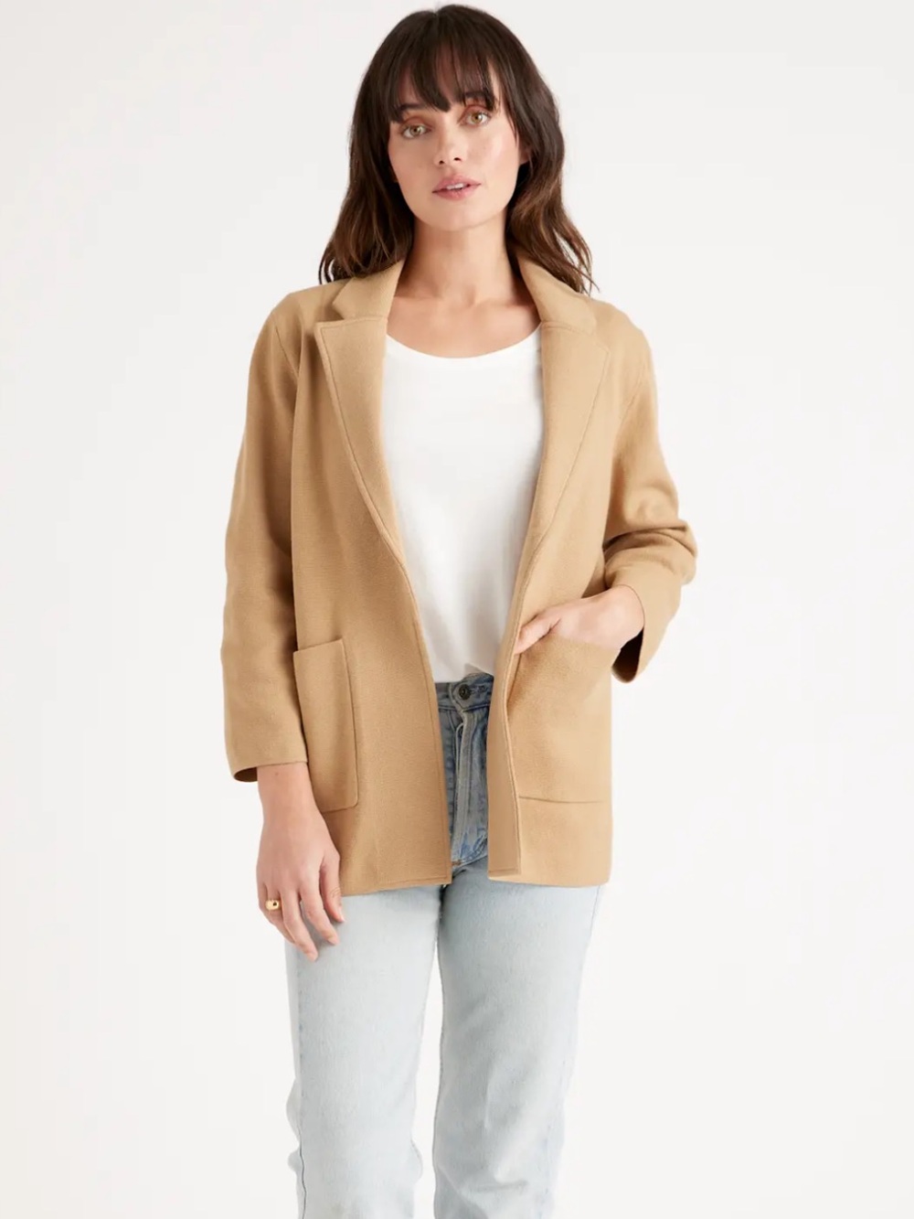 Quince 100% Organic Cotton Knit Blazer in Camel